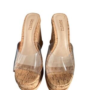SCHUTZ Women's Cork Wedge Sandals with Clear Strap